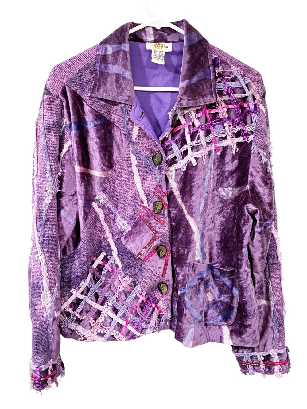 Vintage Sandy Starkman Artsy Jacket Embroidered Crochet Purple Size XL